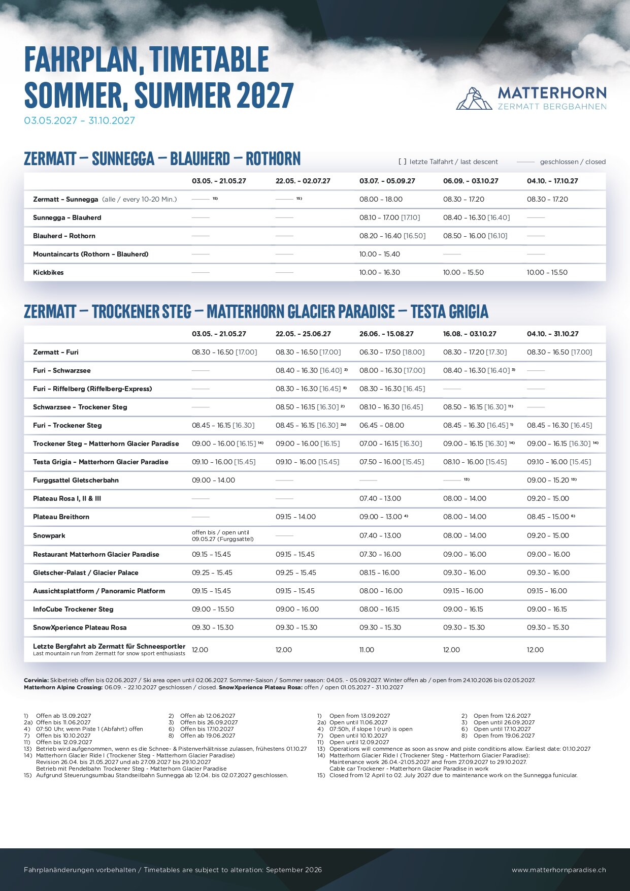 2027 MATTERHORN SUMMER TIMETABLE